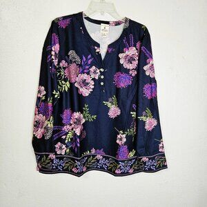 Appleseed"s Women's Pullover Casual Navy Blue with Bold Floral PrintTop Size XL